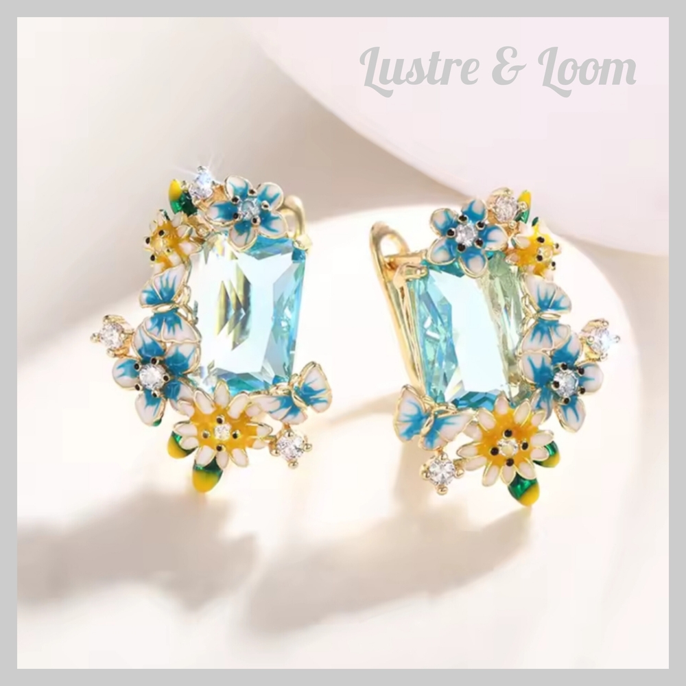 Blue and Gold Floral Earrings